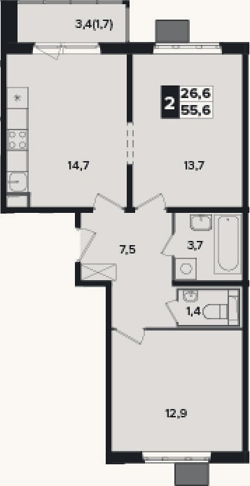 Планировка: 2-к, 53,9 м²