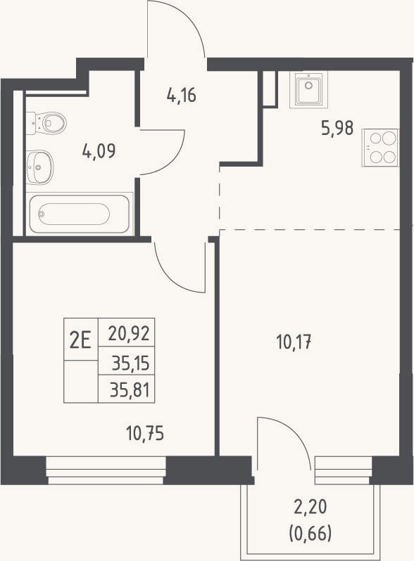 Планировка: 2-к, 35,2 м²