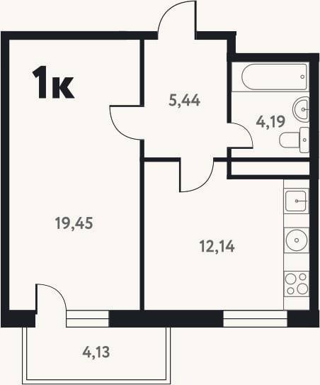Планировка: 1-к, 40,7 м²