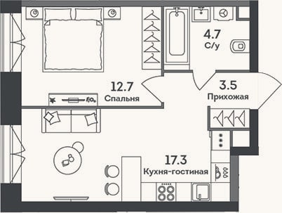 Планировка: 2-к, 38,2 м²