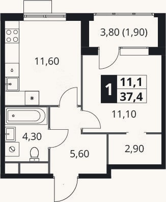 Планировка: 1-к, 35,5 м²