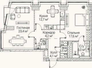 Планировка: 2-к, 72,6 м²