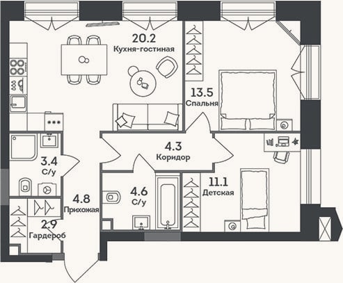 Планировка: 3-к, 64,8 м²