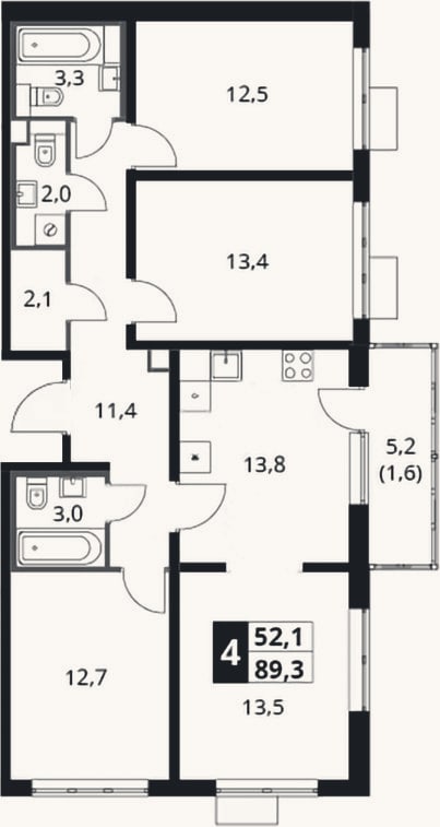 Планировка: 4+ к, 87,7 м²