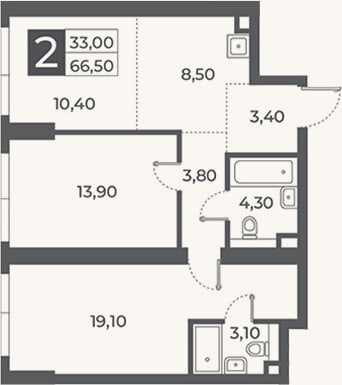 Планировка: 2-к, 66,5 м²