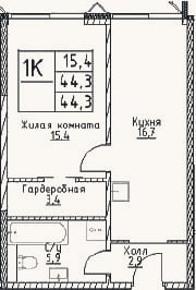 Планировка: 1-к, 44,3 м²