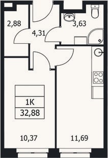 Планировка: 1-к, 32,9 м²