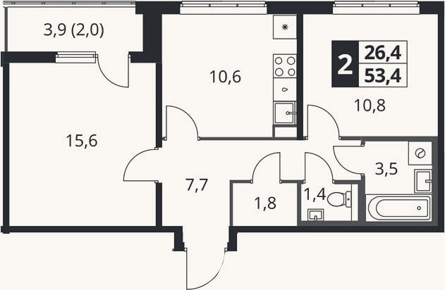 Планировка: 2-к, 51,4 м²