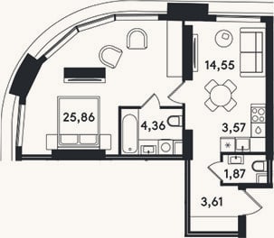 Планировка: 2-к, 53,8 м²
