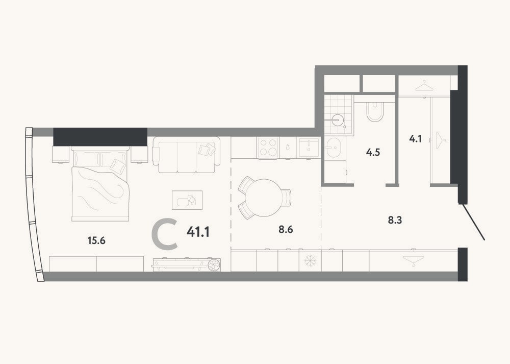 Планировка: Студия, 41,1 м²