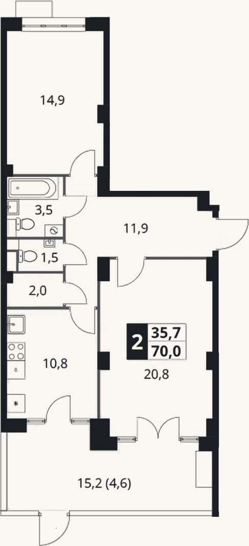Планировка: 2-к, 65,4 м²