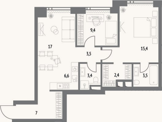 Планировка: 3-к, 68,2 м²