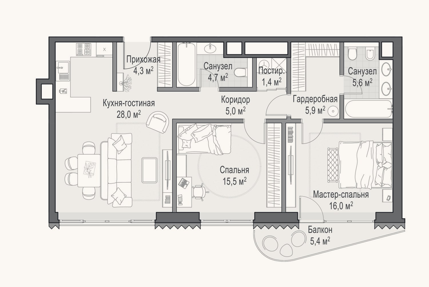 Планировка: 3-к, 86,4 м²