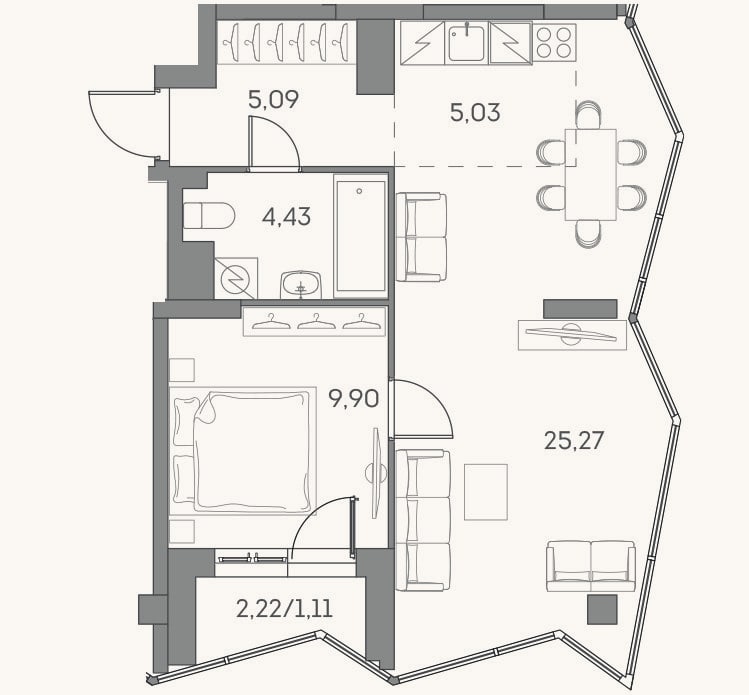 Планировка: 2-к, 49,7 м²