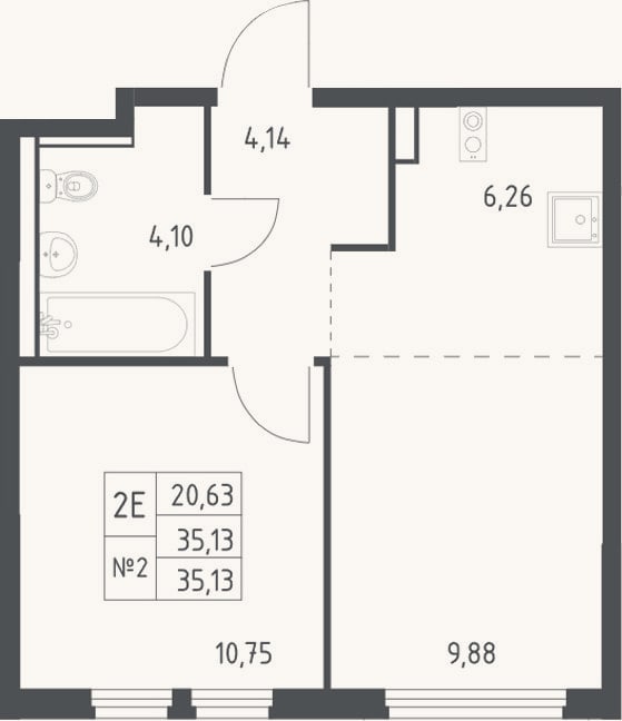 Планировка: 2-к, 35,1 м²