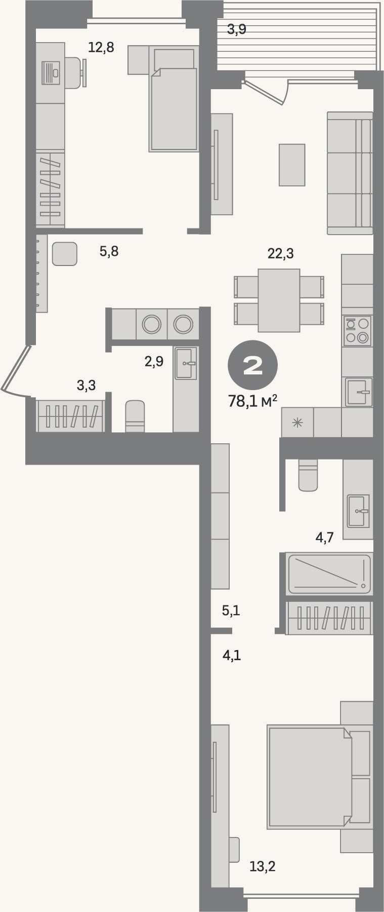 Планировка: 2-к, 74,2 м²