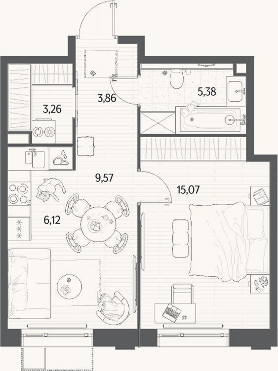 Планировка: 2-к, 43,3 м²