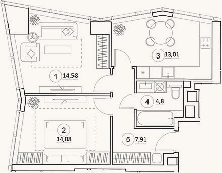 Планировка: 2-к, 54,4 м²