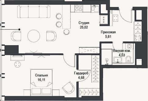 Планировка: 2-к, 55,7 м²