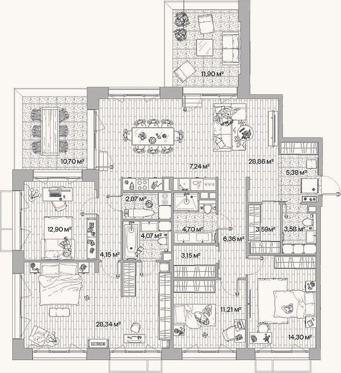 Планировка: 4+ к, 140,7 м²