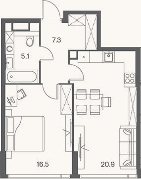 Планировка: 2-к, 49,8 м²