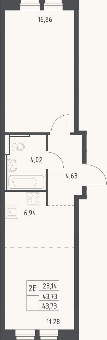 Планировка: 2-к, 43,7 м²