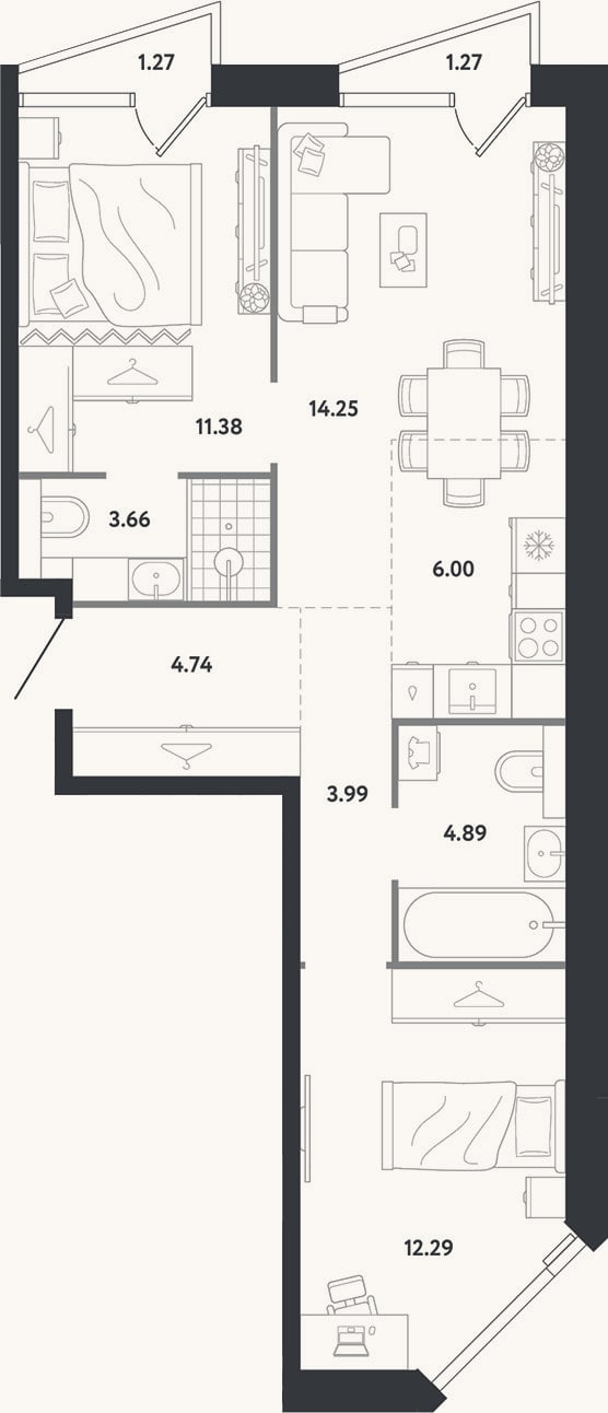 Планировка: 2-к, 61,2 м²