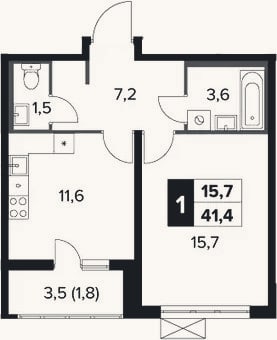 Планировка: 1-к, 39,6 м²