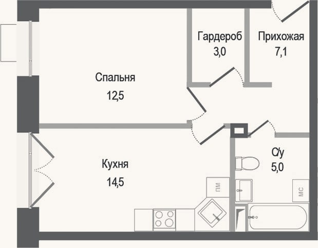 Планировка: 1-к, 42,1 м²