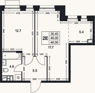 Планировка: 2-к, 46 м²