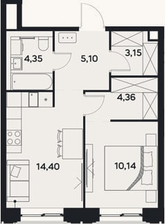 Планировка: 1-к, 41,5 м²