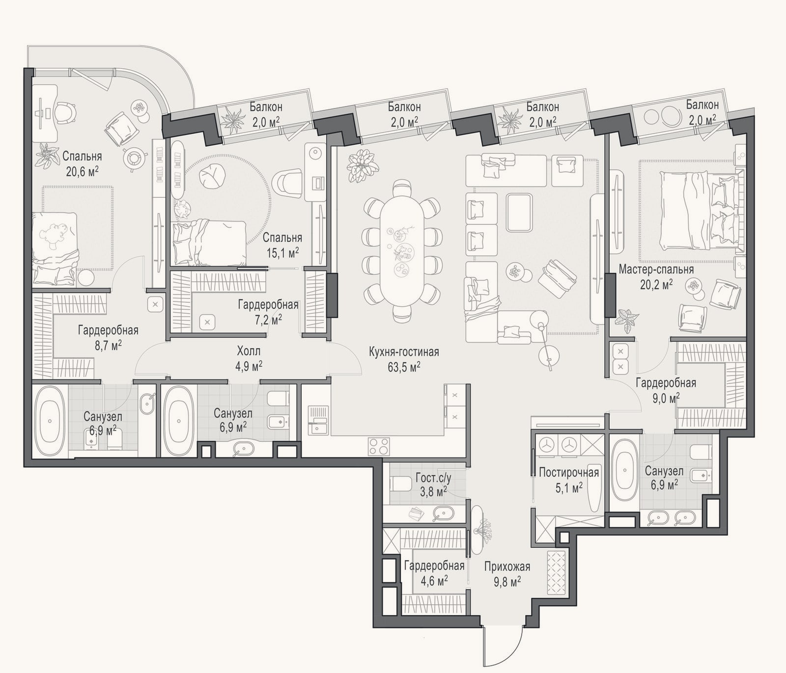 Планировка: 4+ к, 195,5 м²