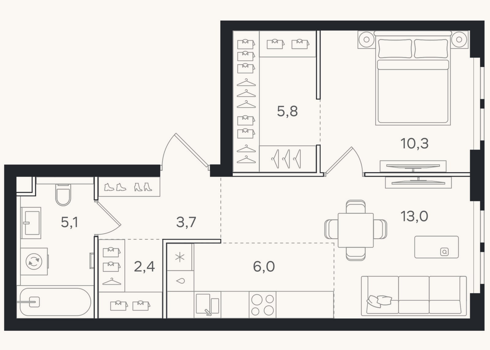 Планировка: 2-к, 46,3 м²