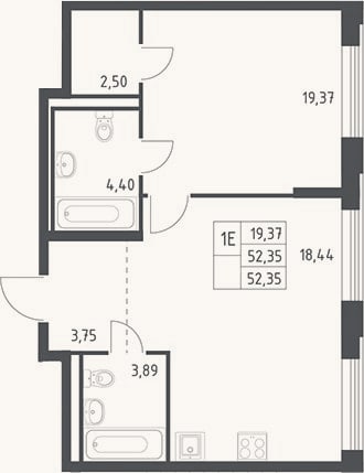 Планировка: 2-к, 52,4 м²