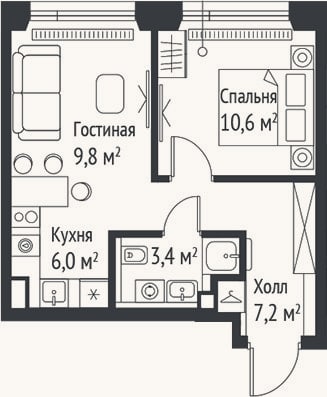 Планировка: 2-к, 37 м²