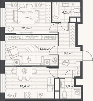 Планировка: 2-к, 55,8 м²