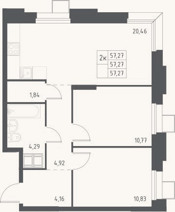 Планировка: 3-к, 57,3 м²