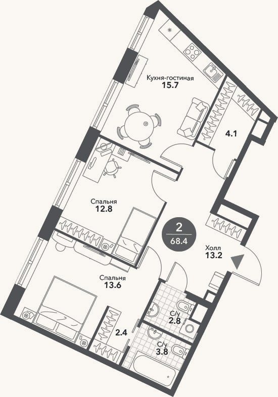 Планировка: 3-к, 68,4 м²