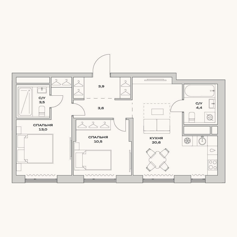 Планировка: 3-к, 59,5 м²