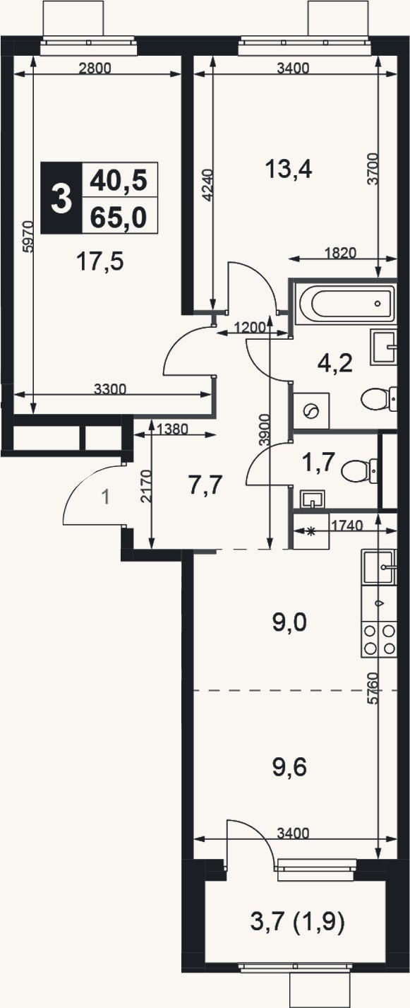Планировка: 2-к, 63,1 м²