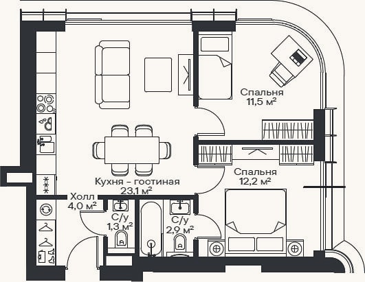 Планировка: 3-к, 53,6 м²