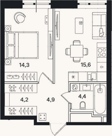 Планировка: 1-к, 43,4 м²
