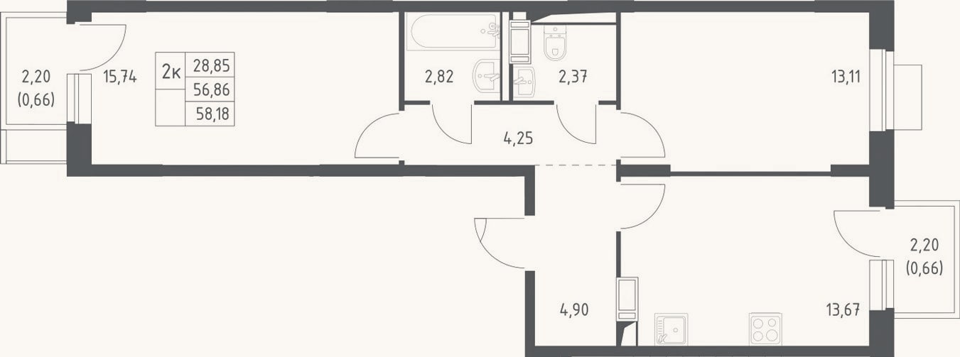 Планировка: 2-к, 56,9 м²
