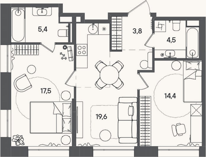 Планировка: 3-к, 65,2 м²