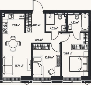 Планировка: 3-к, 60,1 м²
