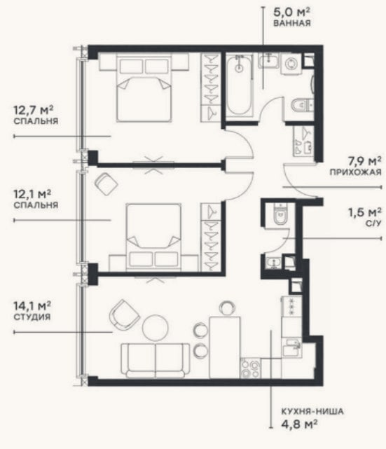 Планировка: 3-к, 58,1 м²