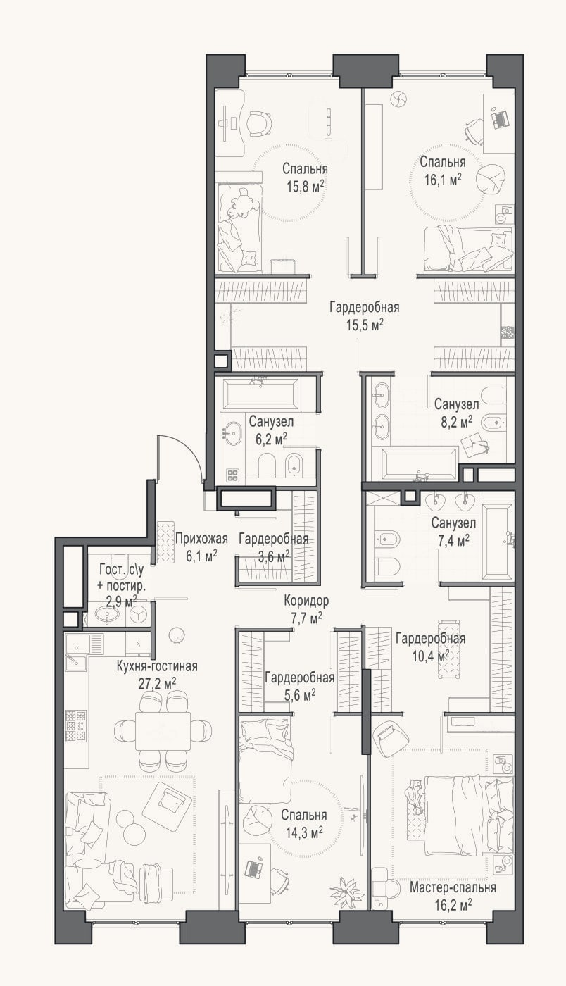 Планировка: 4+ к, 164,2 м²