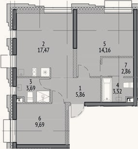 Планировка: 2-к, 57,3 м²