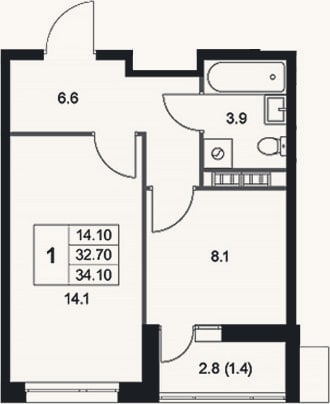 Планировка: 1-к, 32,7 м²