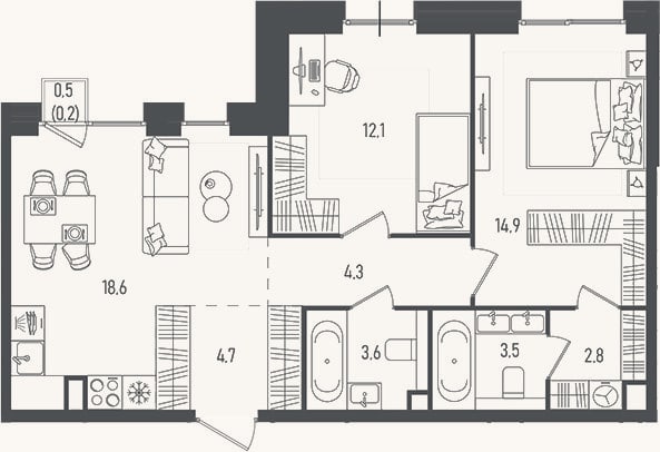 Планировка: 3-к, 64,5 м²